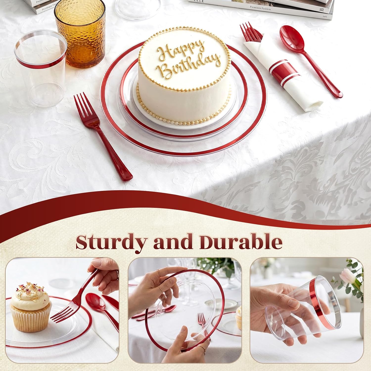 Elegant Red Rim Dinnerware Set - Hình 6